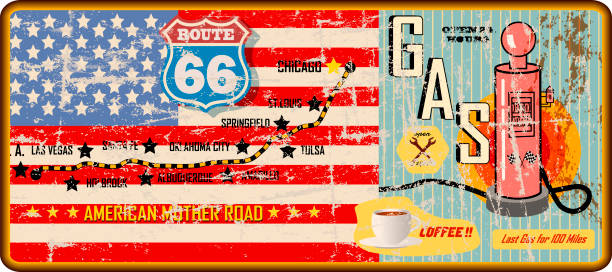 istock grungy route 66 gas station sign and road map,retro vector illustration 1146020231