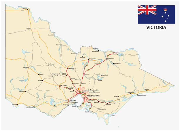 ilustrações de stock, clip art, desenhos animados e ícones de road map of the australian state victoria with flag - victoria state