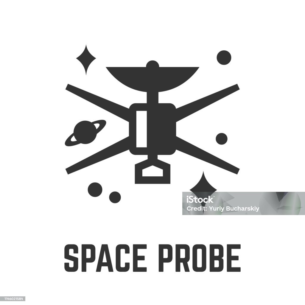 Spase probe glyph icon with scientific research spacecraft in deep space tech sign. Antenna - Aerial stock vector