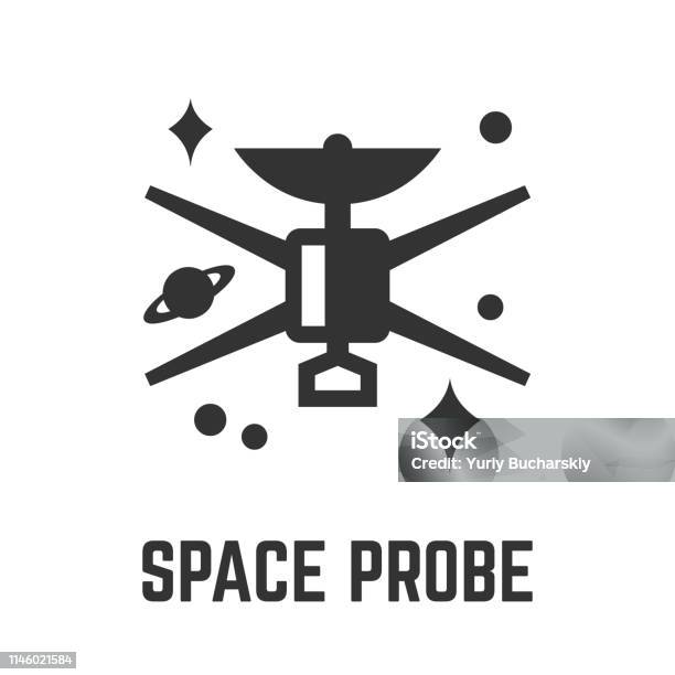 Spase Probe Glyph Icon With Scientific Research Spacecraft In Deep Space Tech Sign Stock Illustration - Download Image Now