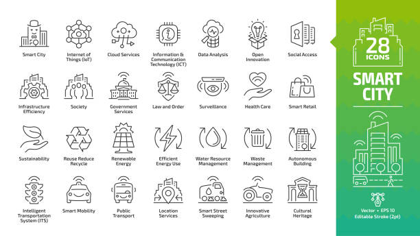 smart city outline icon set mit infrastruktur-effizienz-technologie, zukünftiges digitales urbanes, autonomes bauen und wohnen, internet der dinge, innovationsfähige bummeleissymbole. - mobility stock-grafiken, -clipart, -cartoons und -symbole