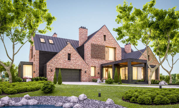 istock 3d rendering of modern clinker house on the ponds with pool in evening 1146021717