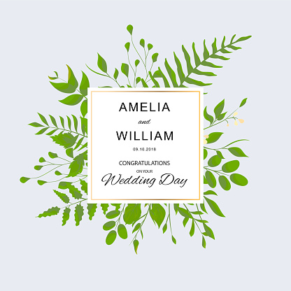 Wedding floral double invite card design with vector watercolor style tropical fan palm tree green leaves
