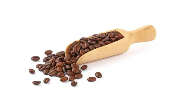 Close up wooden scoop full of roasted Arabica coffee beans isolated on white background, high angle view