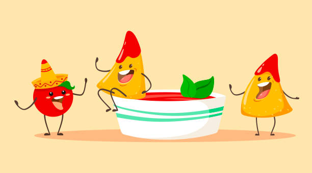 ilustrações, clipart, desenhos animados e ícones de microplaquetas dos nachos do engraçado e dos desenhos animados com tomate e um copo da salsa do tomate com manjericão. ilustração do vetor - salsa de tomate