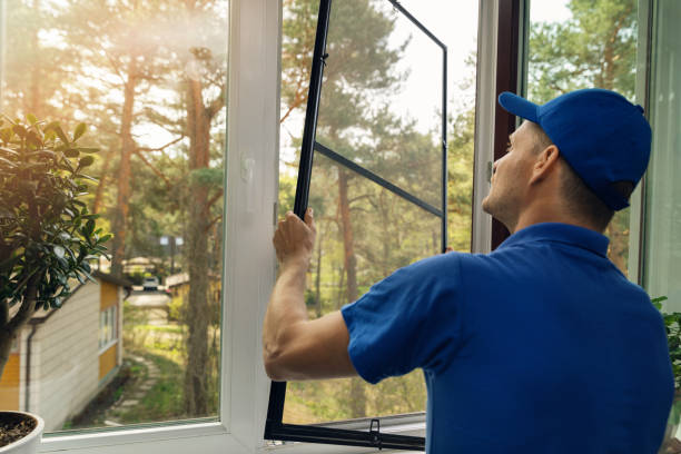 pracownik instaluje ekran z drutu moskitiery w oknie domu - netting zdjęcia i obrazy z banku zdjęć