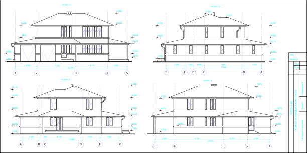 The project is a two-storey individual house. Drawing of four facades. The project is a two-storey individual house. Drawing of four facades. Black and white vector image autocad house plans stock illustrations