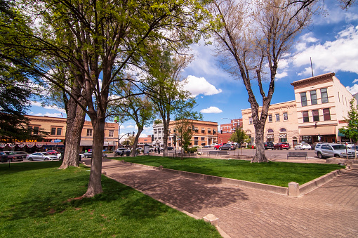Prescott, Arizona, USA 04/22/2019 The Yavapai County Courthouse Square looking at the corner of Gurley and Montezuma Streets on a sunny spring day