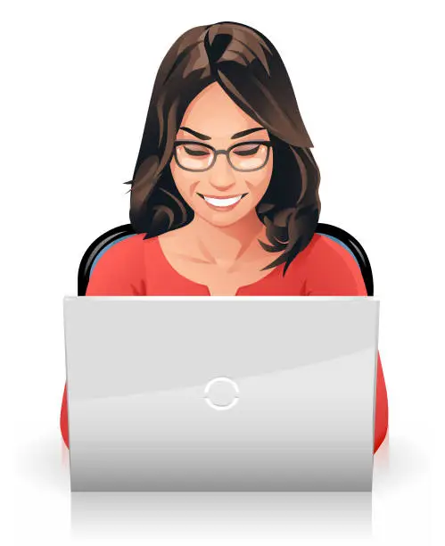 Vector illustration of Young Woman With Glasses Working On Laptop