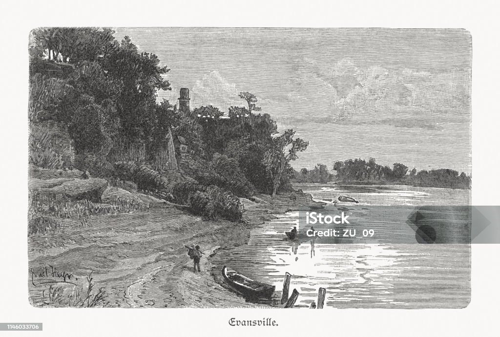 Ohio River near Evansville, Indiana, USA, wood engraving, published 1897 The Ohio River near Evansville, Indiana, USA. Wood engraving after a photograph, published in 1897. Indiana stock illustration