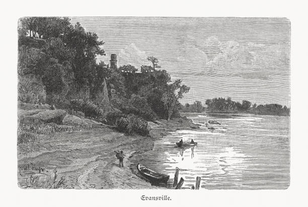 Ohio River near Evansville, Indiana, USA, wood engraving, published 1897 The Ohio River near Evansville, Indiana, USA. Wood engraving after a photograph, published in 1897. evansville indiana stock illustrations