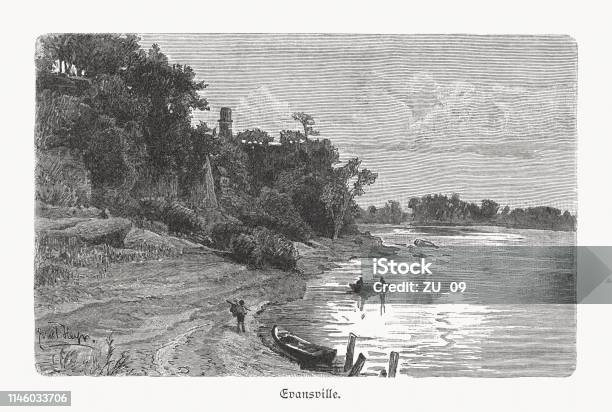 Ohio River Near Evansville Indiana Usa Wood Engraving Published 1897 Stock Illustration - Download Image Now