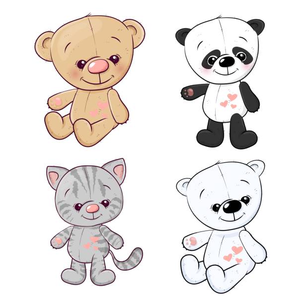 illustrations, cliparts, dessins animés et icônes de ensemble panda cub chaton ours en peluche lièvre. dessin à la main. illustration vectorielle - teddy panda bear