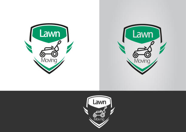 lawnmower sign for cutting grass company lawnmower logo, lawn moving and lawn care service logo , cutting grass company logo vector mower blade stock illustrations