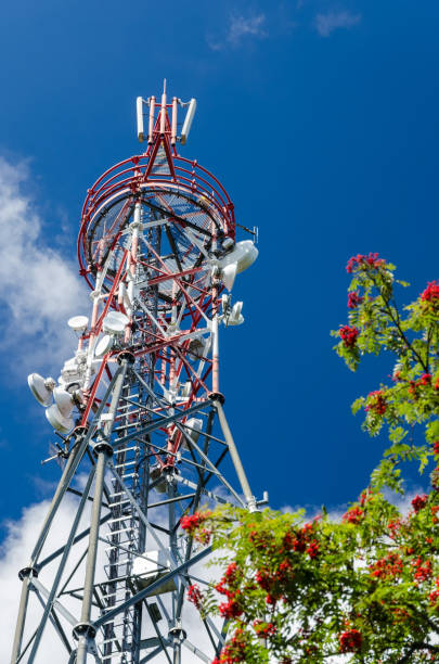 istock Communications tower. Transmitter station detail. Antennas, BTS. Blue sky. 1146035953