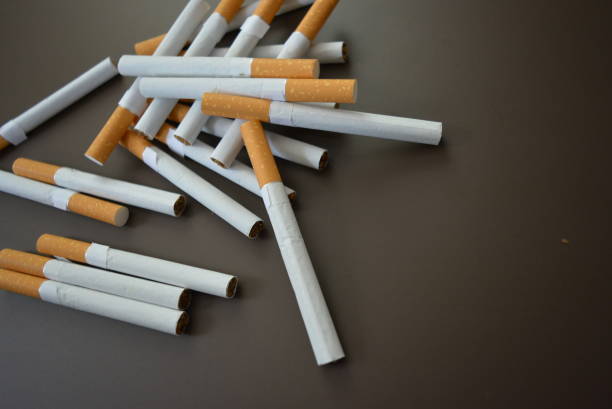 New decomposed many cigarettes on a brown matte background.