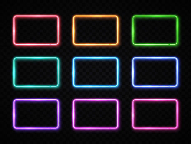 Colorful neon square signs set. Glowing color rectangles collection on transparent background. Shining led or halogen lamps frame banners. Bright futuristic vector illustration for decoration covering Colorful neon square signs set. Glowing color rectangles collection on transparent background. Shining led or halogen lamps frame banners. Bright futuristic vector illustration for decoration covering fluorescent stock illustrations