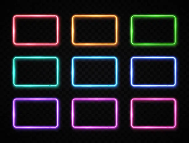 Vector illustration of Colorful neon square signs set. Glowing color rectangles collection on transparent background. Shining led or halogen lamps frame banners. Bright futuristic vector illustration for decoration covering