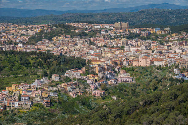 View of the city of Nuoro in Central Sardinia, Italy, from Monte Ortobene peak stock photo
