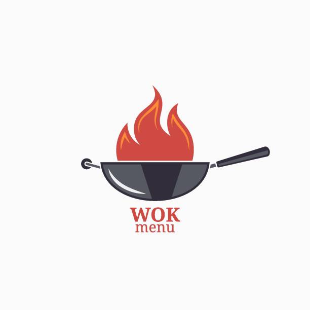 меню дизайна сковороды. вок с огненным пламенем на белом фоне - pan saucepan kitchen utensil isolated stock illustrations