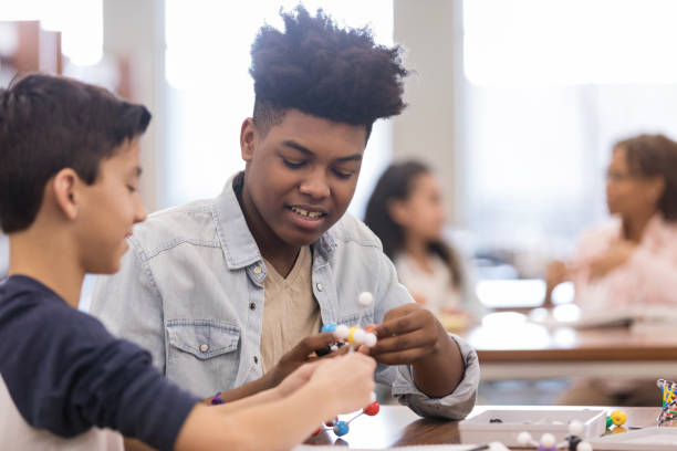 istock Hispanic and African American boys assemble molecules 1146044365