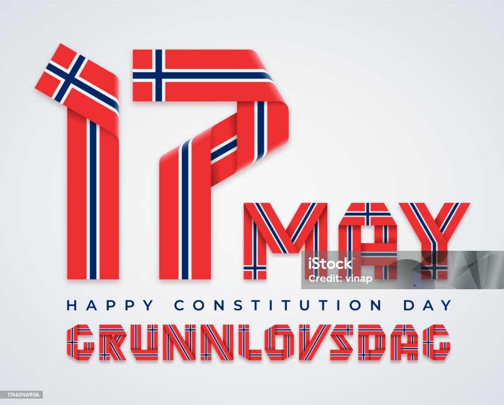 17 May, Norway Constitution Day congratulatory design with Norwegian flag colors. Vector illustration. Congratulatory design for 17 May, Norway Constitution Day. Text made of bended ribbons with Norwegian flag colors. Translation of Norwegian inscription: Constitution Day. Vector illustration. Norway stock vector