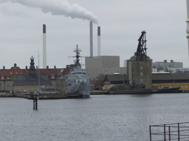 COPENHAGEN, DENMARK - MARCH 2019: View of the museum. Battle ship at the Military open air museum, on Nyholm island in Copenhagen