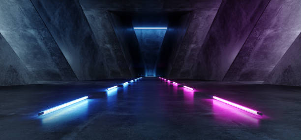 istock Vibrant Triangle Neon Hall Corridor Background Glowing Purple Blue Pink Violet  Path Track Gate Entrance Sci Fi Futuristic Virtual Reality Dark Tunnel Concrete Grunge Reflective Laser Lights 3D Rendering 1146054950