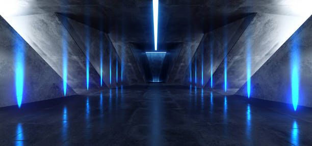 istock Vibrant Triangle Neon Spotlight Hall Corridor Background Glowing Blue Path Track Gate Entrance Sci Fi Futuristic Virtual Reality Dark Tunnel Concrete Grunge Reflective Laser Lights 3D Rendering 1146054977