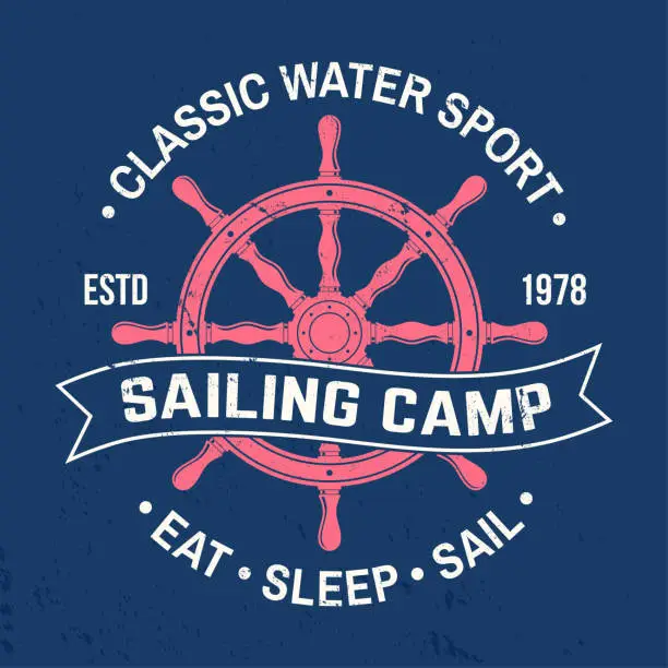 Vector illustration of Yacht club badge. Vector. Concept for shirt, print, stamp or tee. Vintage typography design with steering hand wheel ship and ribbon silhouette. Ocean adventure. Classic water sport.