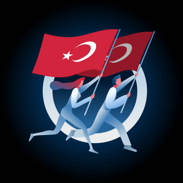 Man and woman are running with Turkish flags. Man and woman are running with Turkish flags. Vector concept illustration. number 19 stock illustrations