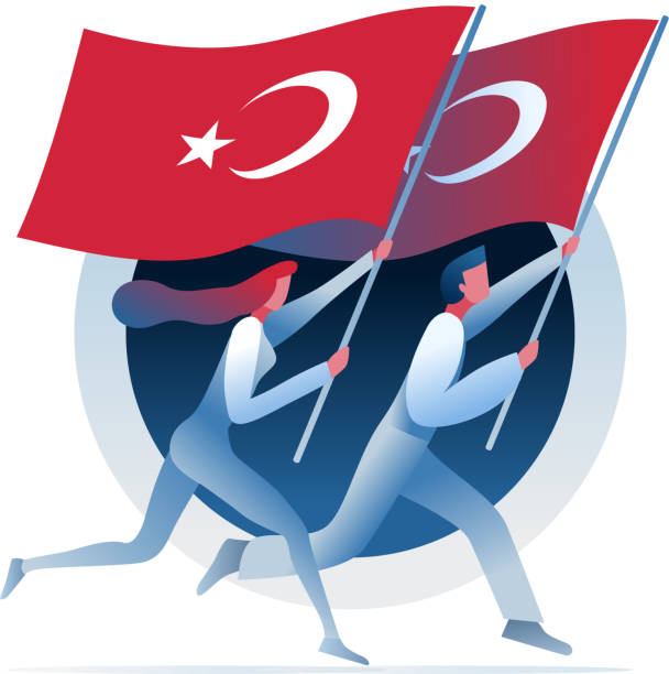 ilustraciones, imágenes clip art, dibujos animados e iconos de stock de el hombre y la mujer corren con banderas turcas. - turquia bandera