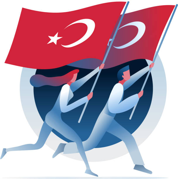 Man and woman are running with Turkish flags. vector art illustration