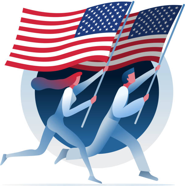istock Man and woman are running with USA flags. 1146055938
