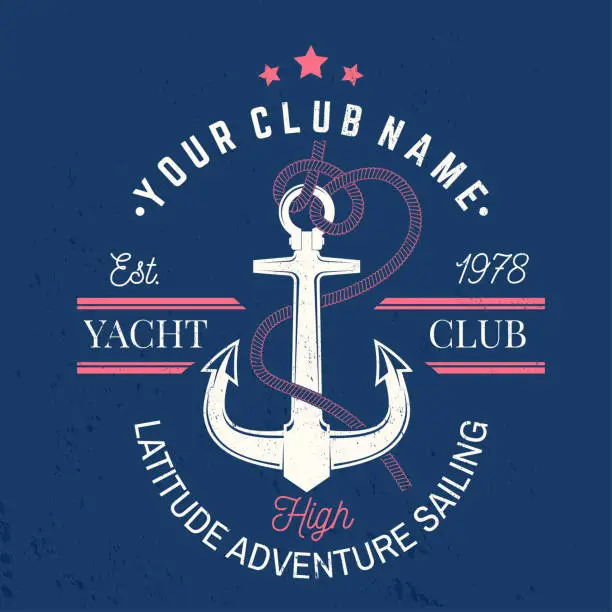 Vector illustration of Yacht club badge. Vector. Concept for yachting shirt, print, stamp or tee. Vintage typography design with black sea anchor and rope knot silhouette. Best Sporting Activity