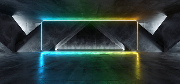istock Vibrant Triangle Neon Background Glowing Rainbow Blue Green Yellow  Path Track Gate Entrance Sci Fi Futuristic Virtual Reality Dark Tunnel Concrete Grunge Reflective Laser Lights 3D Rendering 1146056086