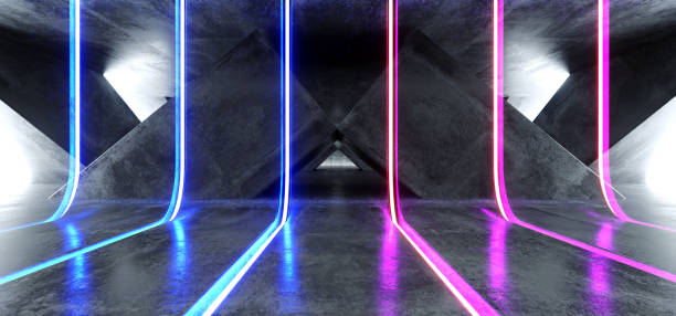 istock Vibrant Triangle Neon Background Glowing Purple Blue Pink Violet  Path Track Gate Entrance Sci Fi Futuristic Virtual Reality Dark Tunnel Concrete Grunge Reflective Laser Lights 3D Rendering 1146056153