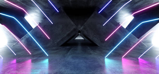 istock Vibrant Triangle Neon Background Glowing Purple Blue Pink Violet  Path Track Gate Entrance Sci Fi Futuristic Virtual Reality Dark Tunnel Concrete Grunge Reflective Laser Lights 3D Rendering 1146056231