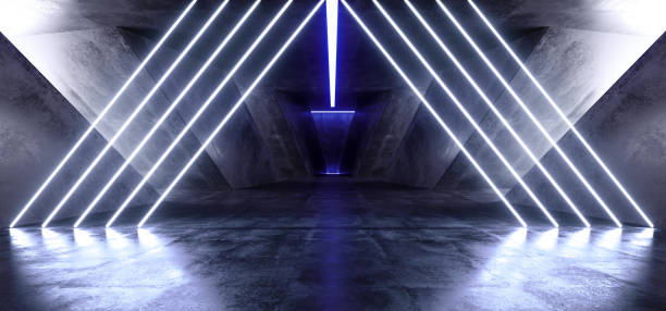 istock Vibrant Triangle Neon Background Glowing Blue Violet  Path Track Gate Entrance Sci Fi Futuristic Virtual Reality Dark Tunnel Concrete Grunge Reflective Laser Lights 3D Rendering 1146056333