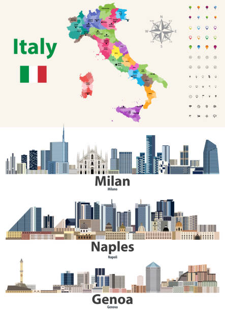 illustrazioni stock, clip art, cartoni animati e icone di tendenza di mappa italia con le principali città skylines. illustrazione vettoriale - milan napoli
