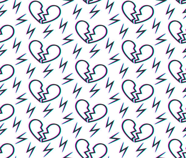ilustrações de stock, clip art, desenhos animados e ícones de seamless vector pattern with broken hearts and thunderbolts . glitch image effect. repeat elements background on white. for fabric, textile, design, banner - relationship difficulties flash