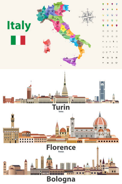 italien karte mit den wichtigsten skylines der städte. vektorabbildung - bologna stock-grafiken, -clipart, -cartoons und -symbole