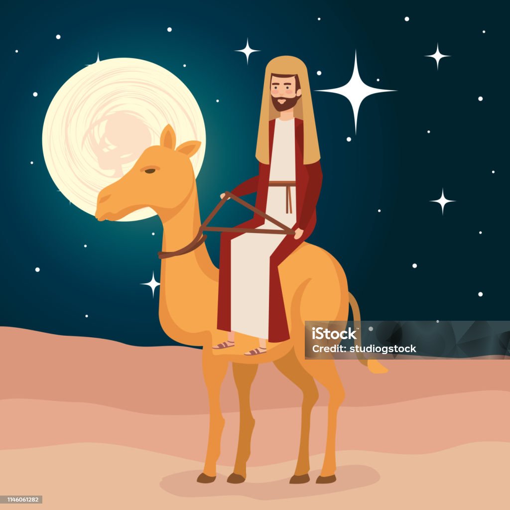 saint joseph in camel christmas character saint joseph in camel christmas character vector illustration design Advent stock vector