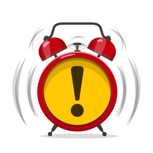 ilustrações de stock, clip art, desenhos animados e ícones de alarm clock icon with exclamation mark - exclamation point vector white black