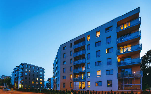 istock Modern apartment house building architecture outdoor night 1146065726