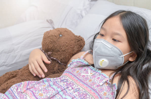 istock Asian girl wearing a dust mask PM2.5 on bed 1146066064