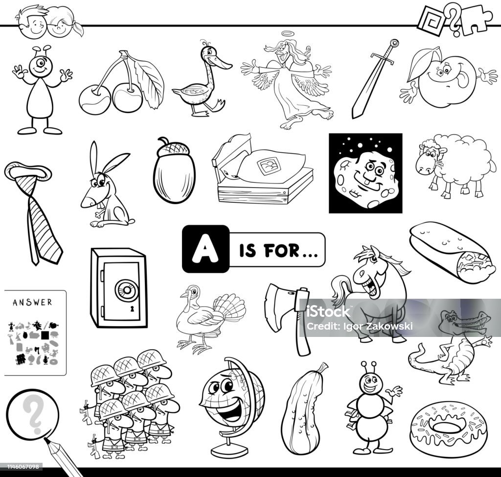 A is for educational game for kids color book Black and White Cartoon Illustration of Finding Picture Starting with Letter A Educational Game Worksheet for Children Coloring Book Activity stock vector