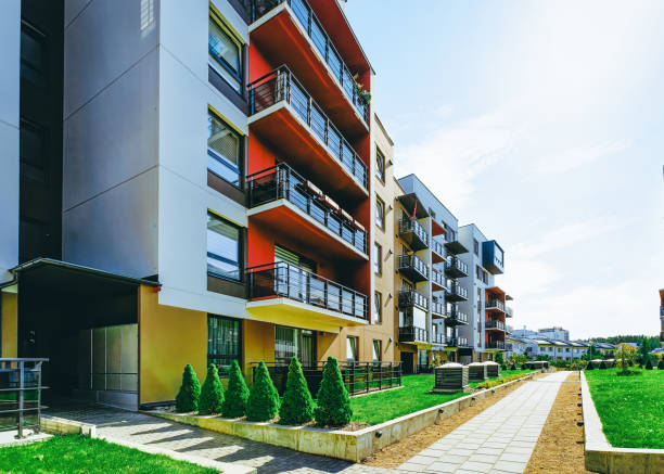 istock Modern residential apartment building complex with outdoor facility 1146069256