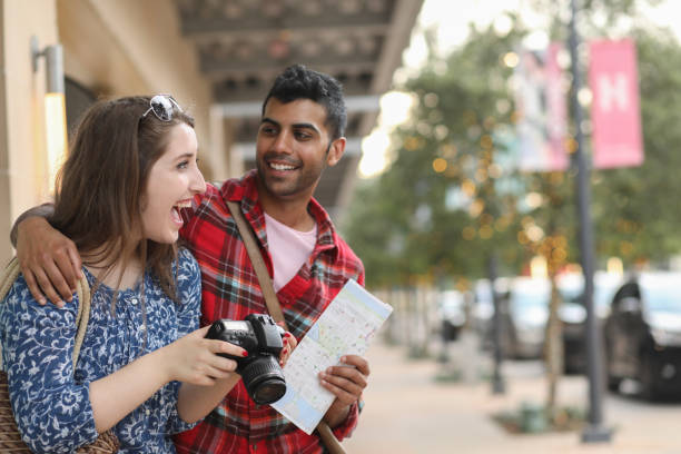 istock Multi-ethnic couple downtown city on vacation. 1146071899