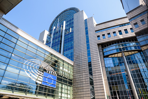 Brussels, Belgium - April 18, 2019: The Paul-Henri Spaak building, seat of the European Parliament hemicycle, is part of a complex of parliament buildings called the Espace Leopold.